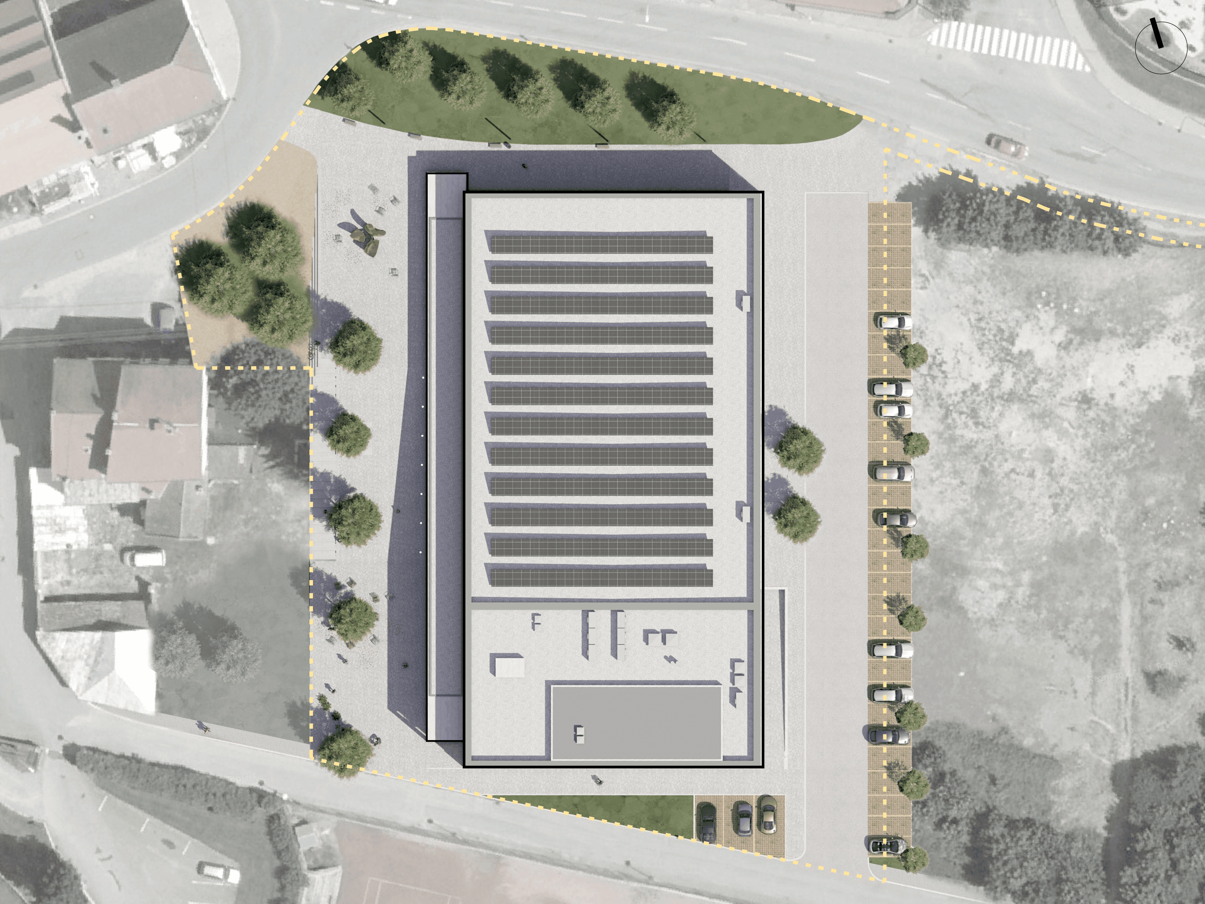 Pohled shora. Pro orientaci: vlevo nahoře pivovar, nalevo od haly bývalý Dvořáčkův mlýn.